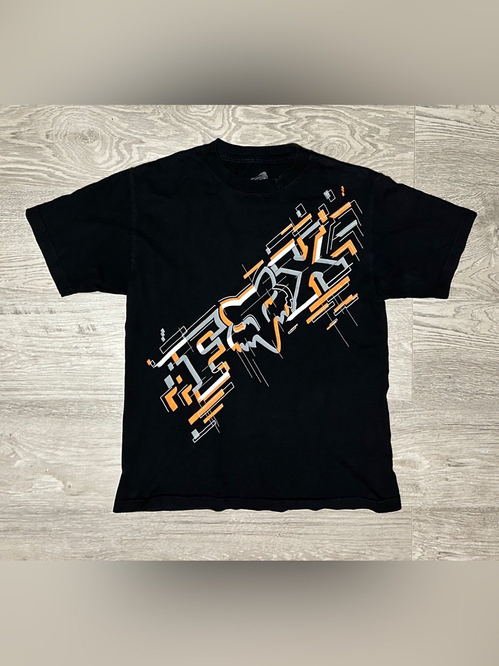 Fox Racing Orange/Black/Grey Graphic T-Shirt Y2K 2000s, Slight Fade